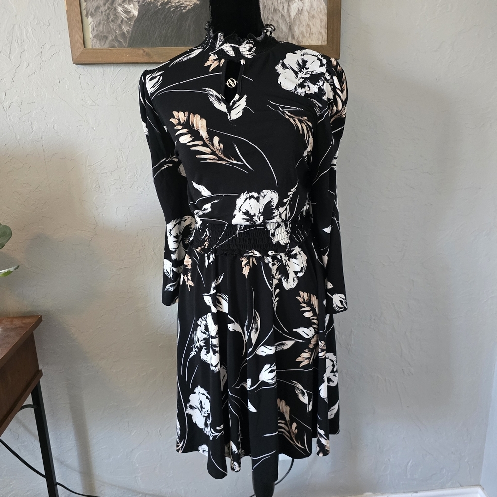 Adrienne Vittadini Women's 3/4 Sleeve Dress with Smocked Neck and Waist Dress